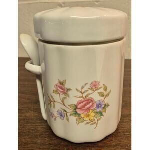 Vintage Floral Ceramic Jar with Lid and Spoon